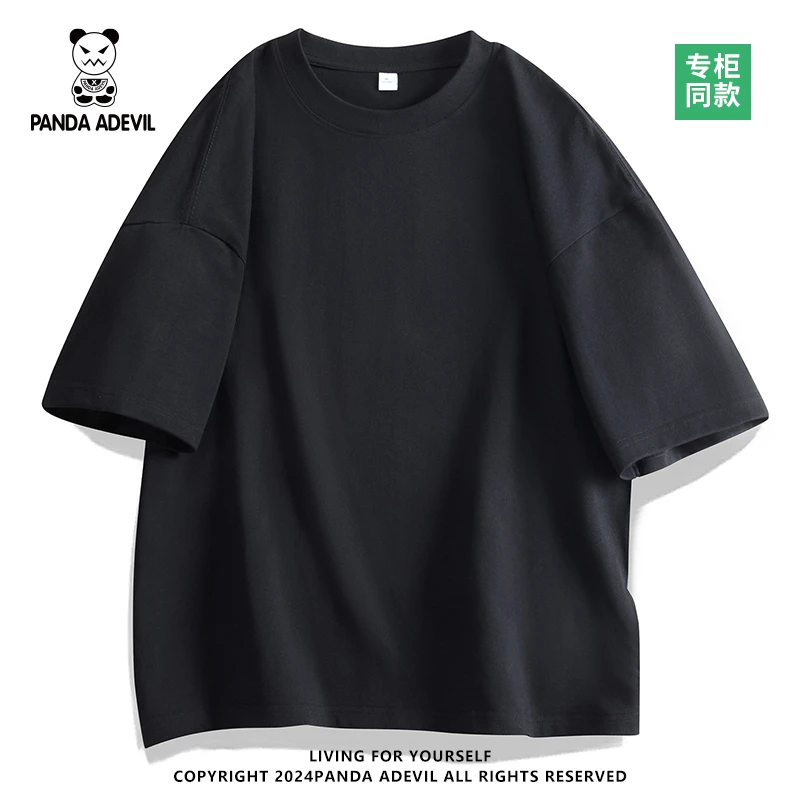 熊猫小恶魔美式纯棉圆领短袖打底衫男女宽松款百搭休闲纯色t恤
