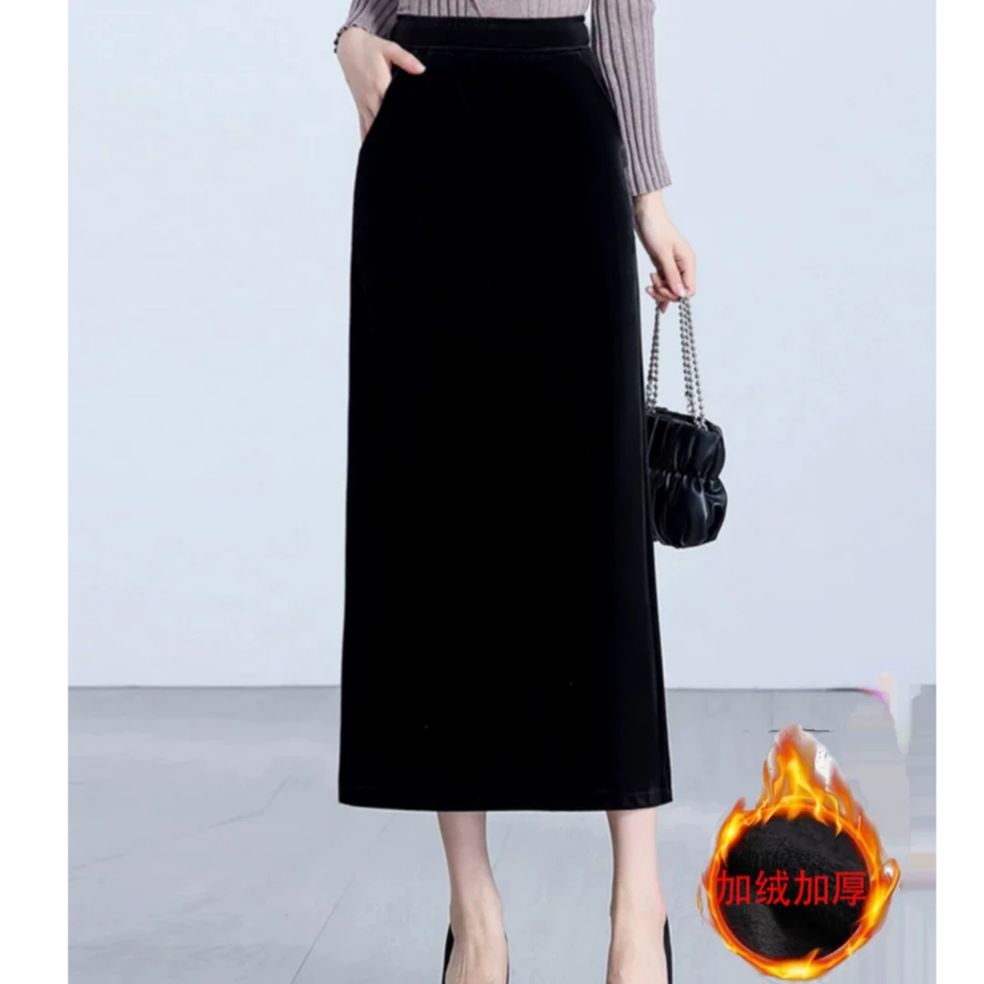 大码女装秋冬金丝绒加绒加厚后开衩半身裙高腰百搭A2409