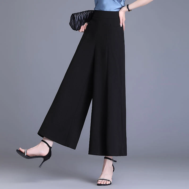 2023新款薄款阳光珠阔腿裤女夏垂感九分裤高腰宽松裙裤黑色大脚裤