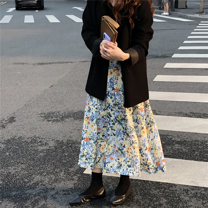 法式时尚夏季雪纺碎花A字大摆中长裙大码松紧腰遮胯显瘦半身裙子