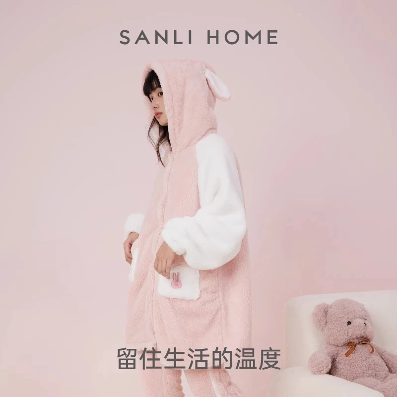 三利珊瑚绒睡衣女2024新款冬季可爱情侣家居服可外穿连帽吸水