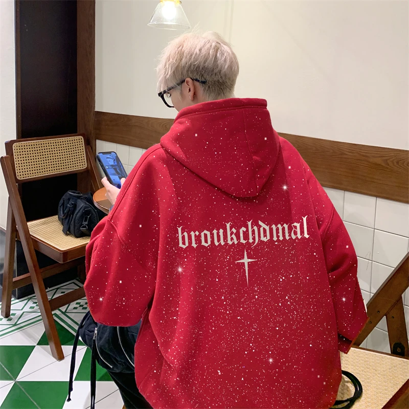潮牌满天星连帽卫衣男冬季美式重磅印花帽衫高街百搭休闲情侣上衣
