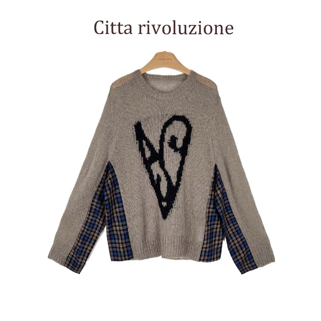 清--|A肯家拿捏的慵懒感|爱心格纹拼布毛衣195750