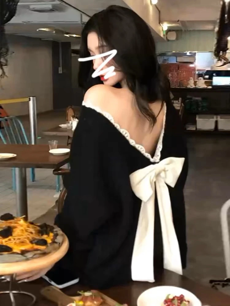 性感露背蝴蝶结毛衣女秋冬新款蕾丝边宽松慵懒风针织衫毛衣女款