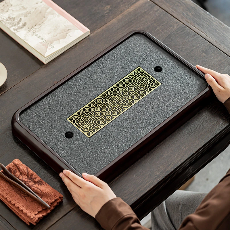 JUSEN/聚森仿瓷石茶盘轻奢家用简约陶瓷小型两用式日式沥水长方形