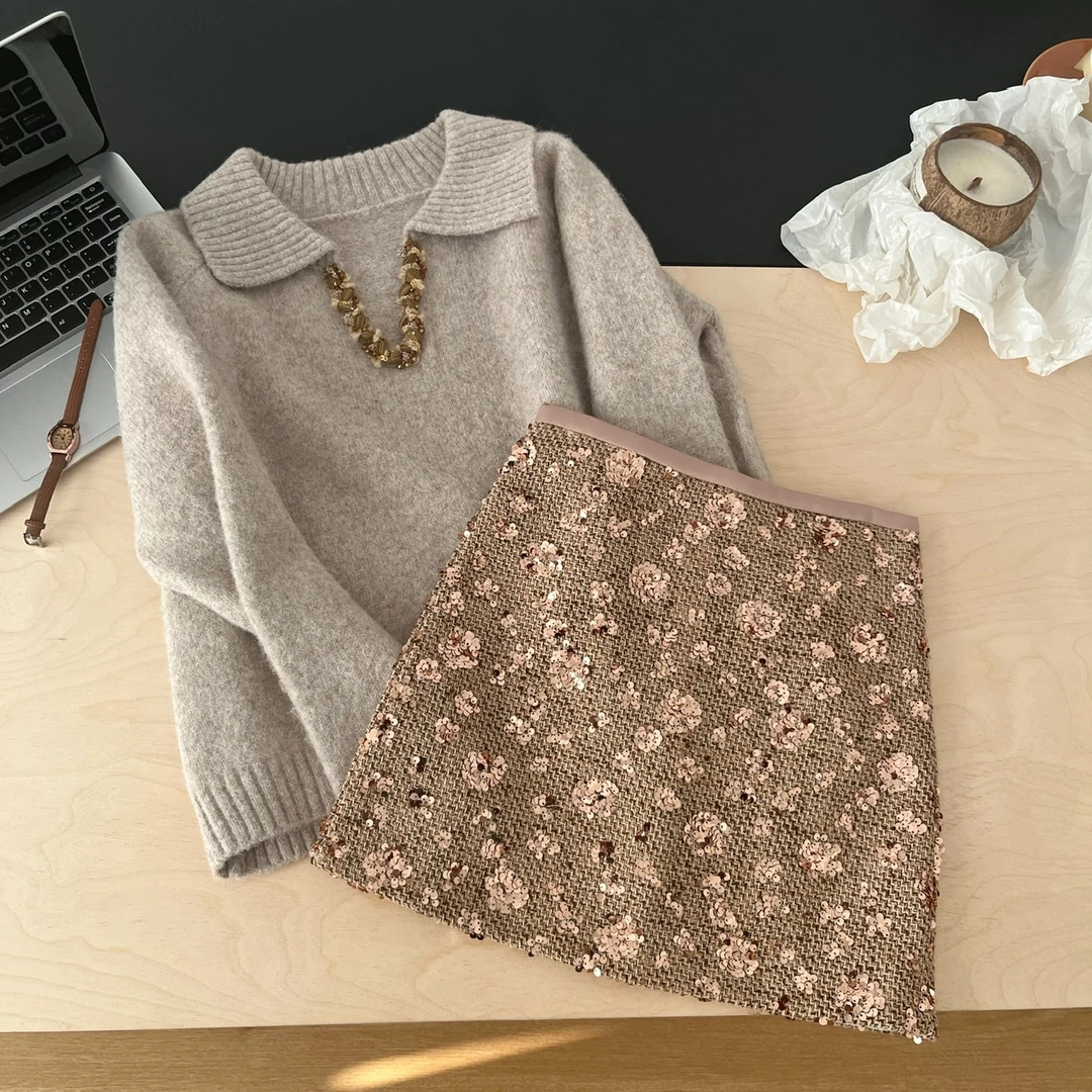 千金风套装女设计感重工编织翻领毛衣冬季亮片包臀裙半身裙两件套