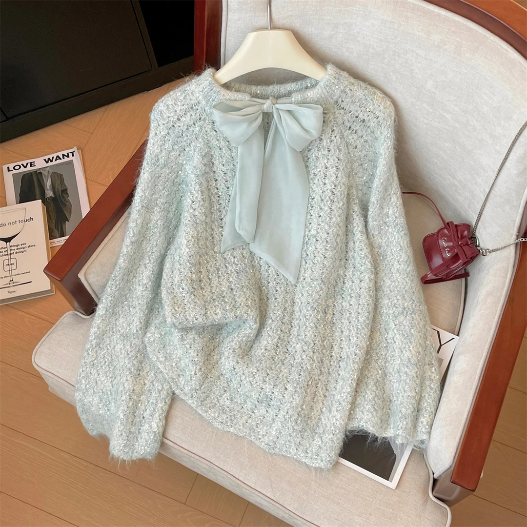 高级感甜美亮片蝴蝶结毛衣女秋冬季新款宽松慵懒风百搭显瘦上衣