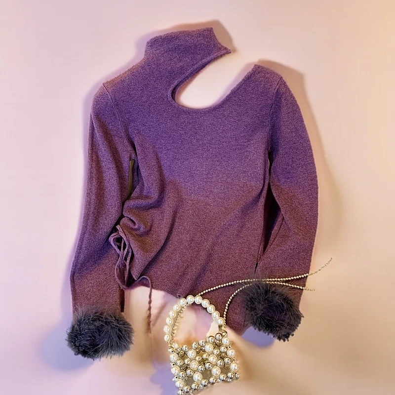 纯欲半高领镂空毛毛袖针织打底衫秋冬小众抽绳收腰显瘦加厚毛衣