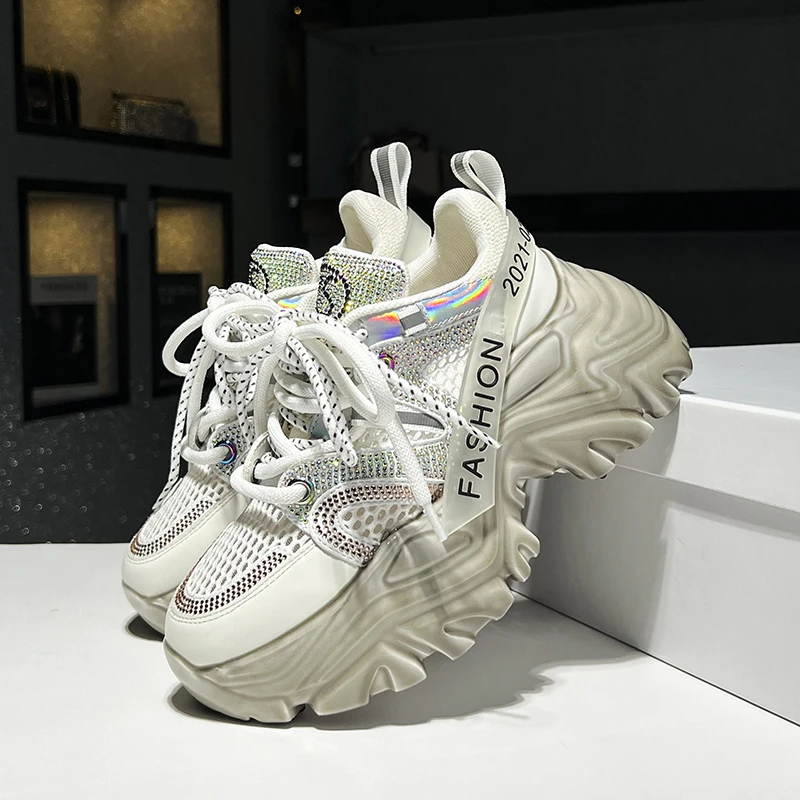 春夏新款真皮水钻透气网老爹鞋厚底增高百搭松糕女休闲运动女鞋潮