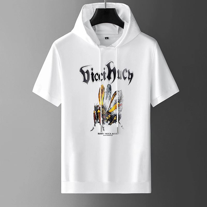 潮流青年男士连帽短袖T恤男士时尚百搭烫钻印花2023夏季新款半袖