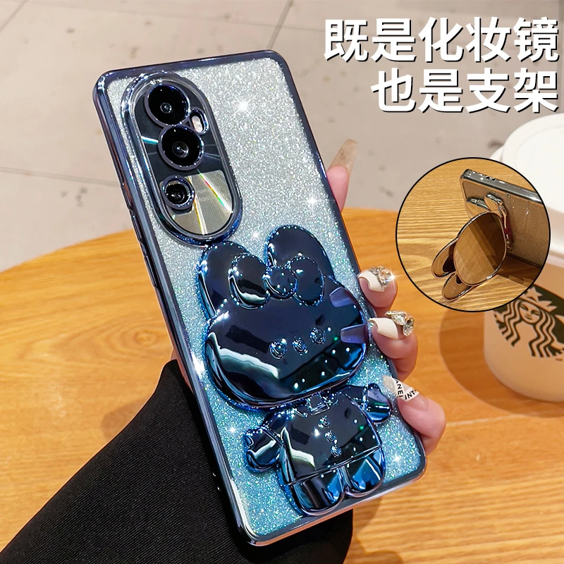 适用opporeno10pro手机壳新款可爱兔补妆镜支架Reno10软壳高级感