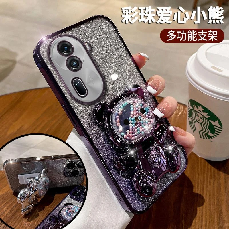 爱心小熊适用OPPOReno11手机壳创意可爱小熊11pro流沙彩珠支架10p