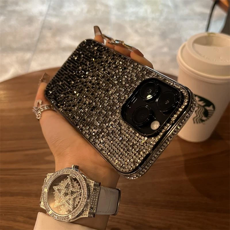 渐变黑满天星水钻苹果13手机壳女新款iphone15promax高级感14全包