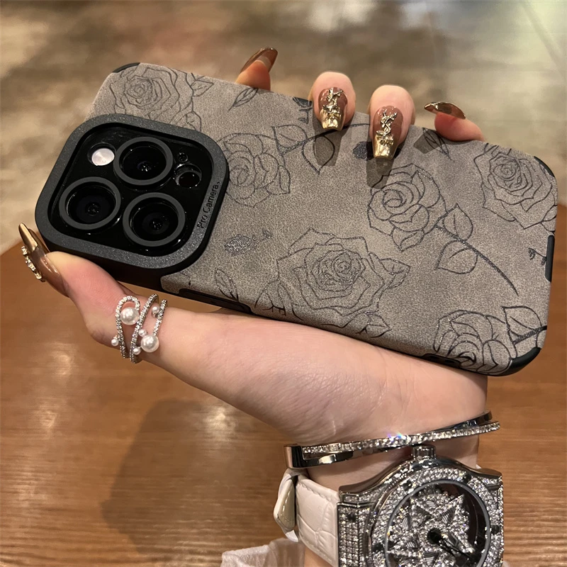 防摔灰底翻毛皮线条玫瑰适用苹果13手机壳14新款iphone15promax潮