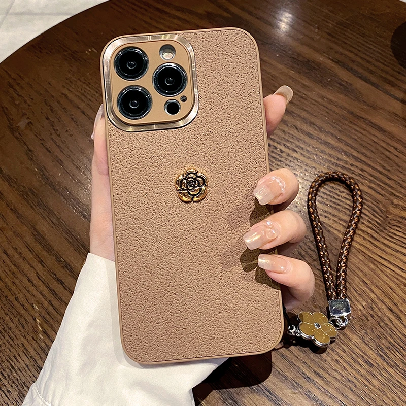 小香风金圈山茶花手绳适用苹果14手机壳iphone14promax高档皮质13