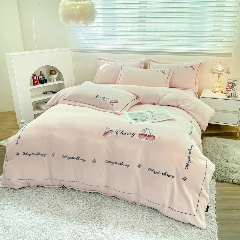 樱桃-加绒加厚牛奶绒四件套新款刺绣贴布绣公主风套件-粉色