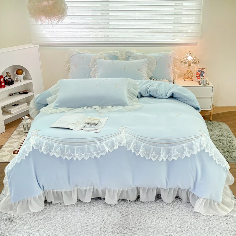 月光女神-加绒加厚牛奶绒四件套新款刺绣贴布绣公主风套件-蓝色