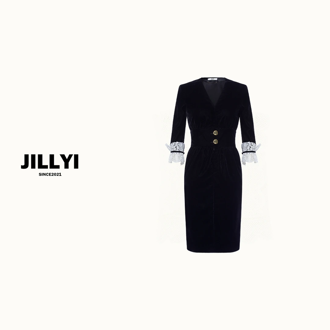 JILLYI【心动前奏】ROSE同款黑金丝绒连衣裙时尚气质修身轻奢名媛