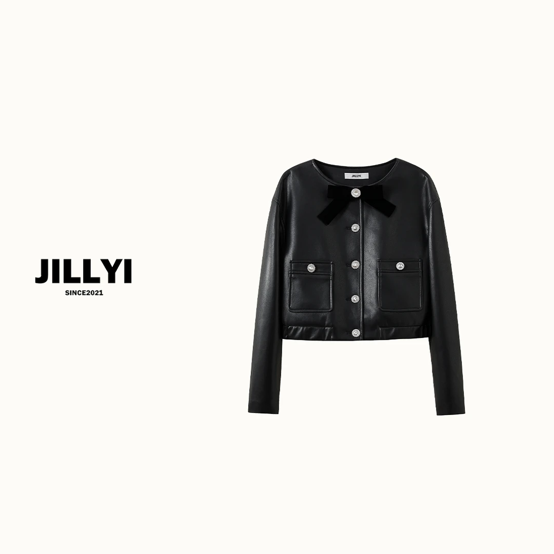JILLYI珠海店【夜晚咖啡】黑色圆领领口蝴蝶结单排扣时尚休闲百搭皮