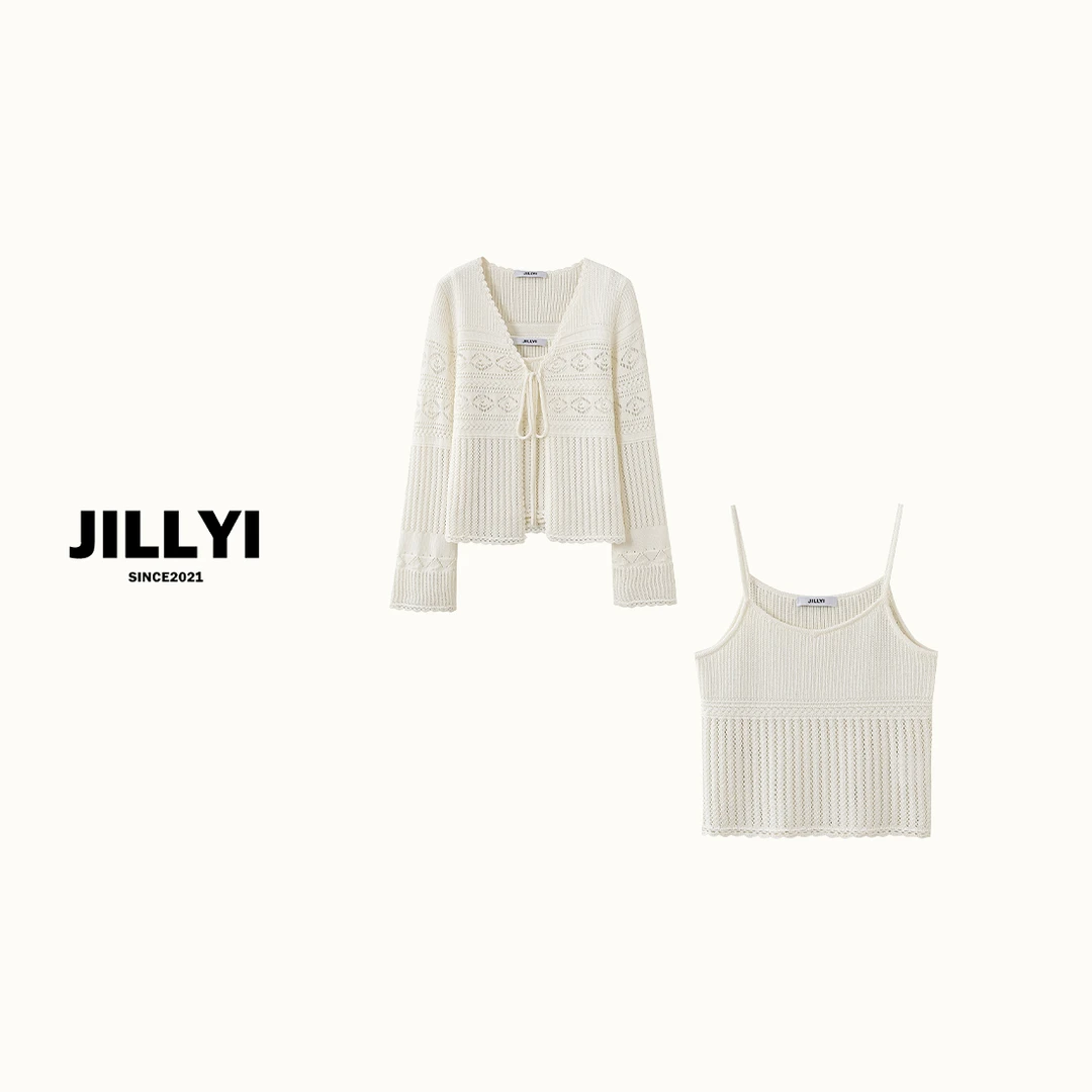 JILLYI【波西米亚】杏色镂空针织小香风气质时尚春季百搭套装