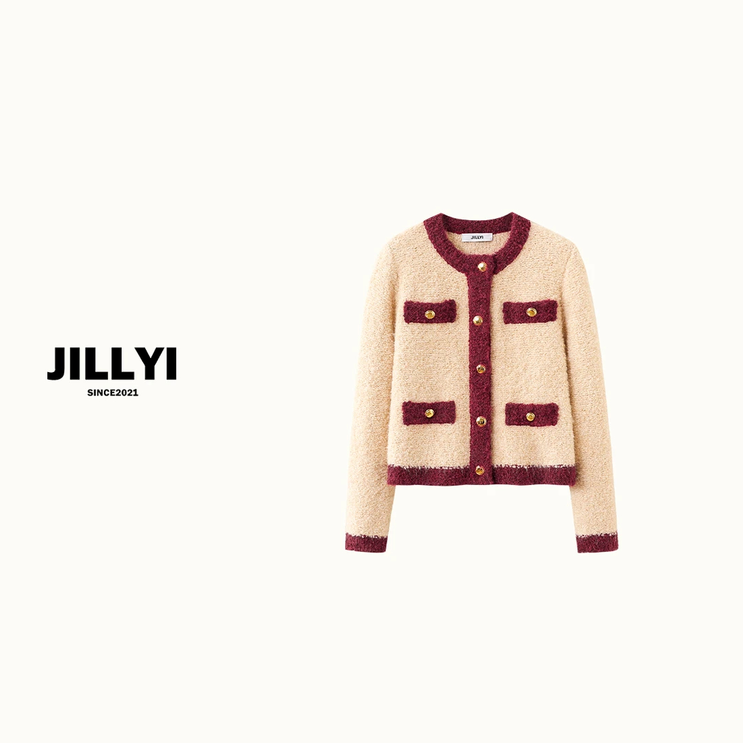JILLYI【奶芙曲奇】杏红拼接圆领金色双排扣秋季富贵时尚针织开衫