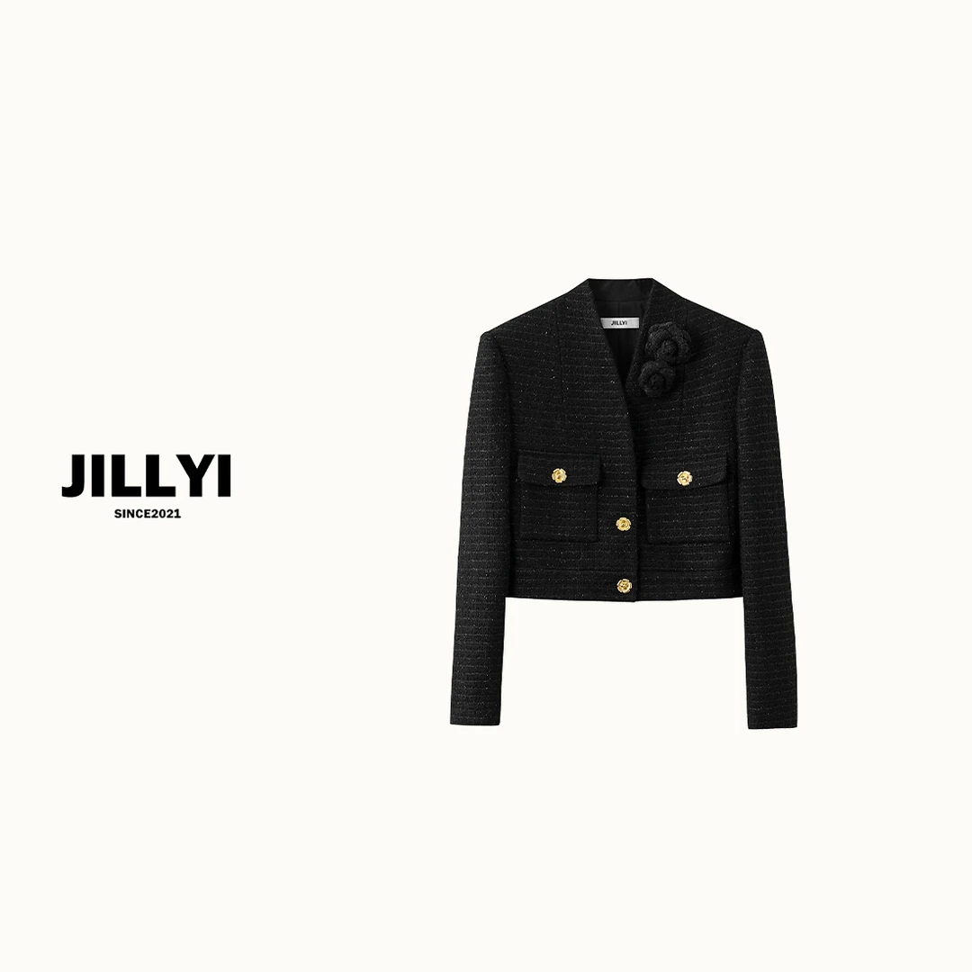 JILLYI【花之恋语】黑色粗花呢立体花苞外套女款爆款2024新款正品