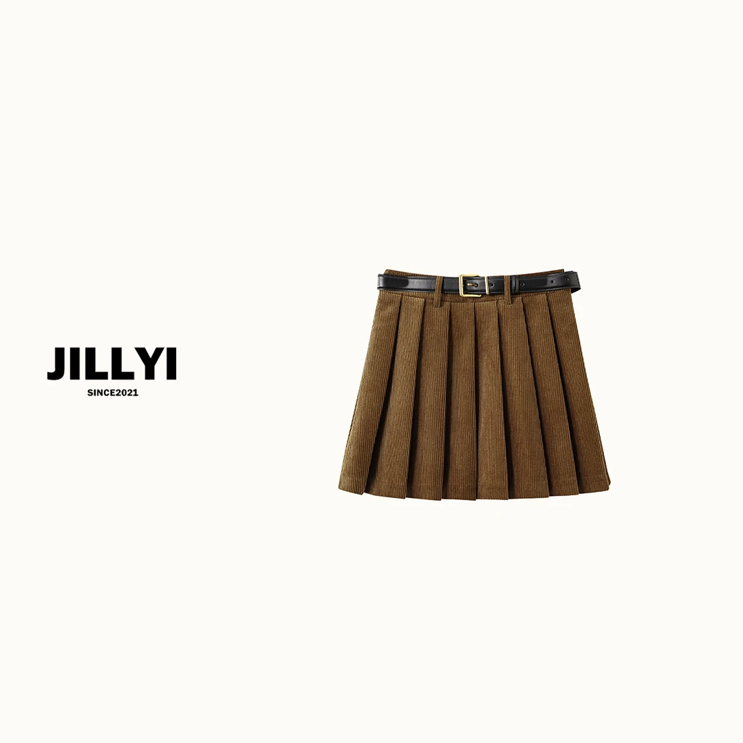 JILLYI【肉桂深棕】咖色洋气高腰简约时尚休闲复古百褶半身裙
