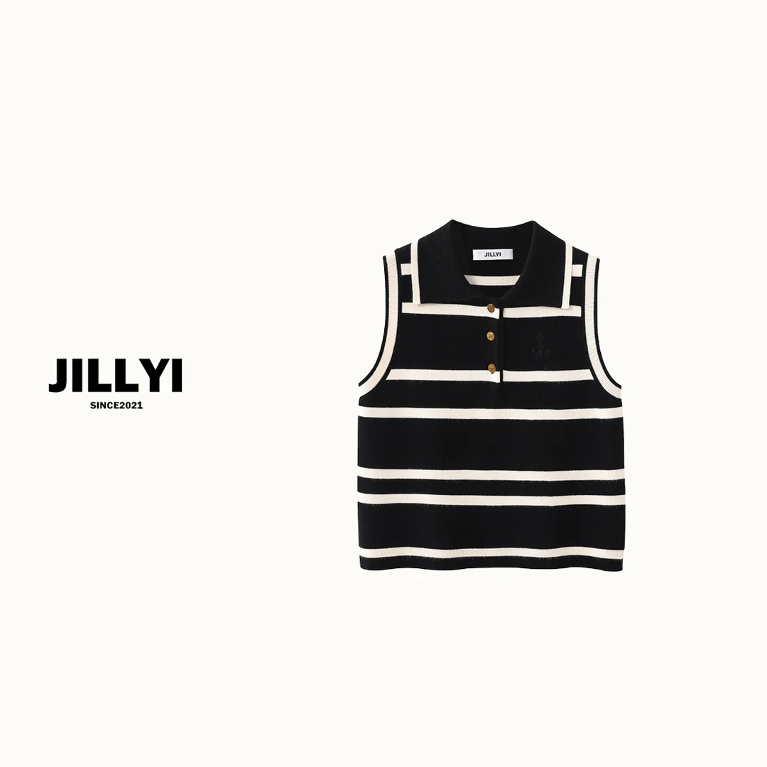 JILLYI【白巧可可上衣】条纹翻领船锚刺绣无袖上衣夏季休闲时尚女