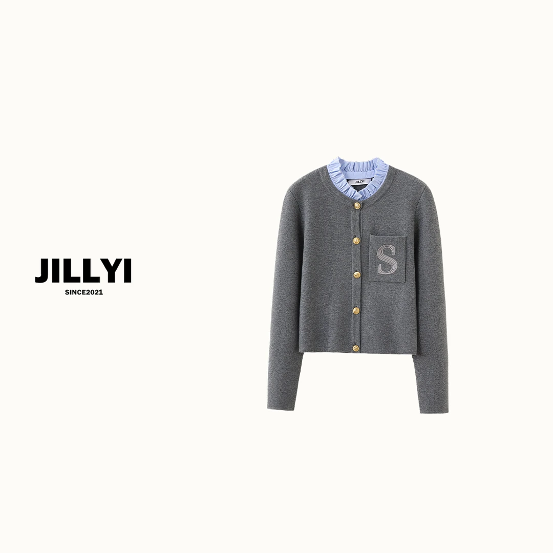 JILLYI【浅冬雪山】秋季气质时尚设计师蓝灰拼接荷叶褶皱针织开衫