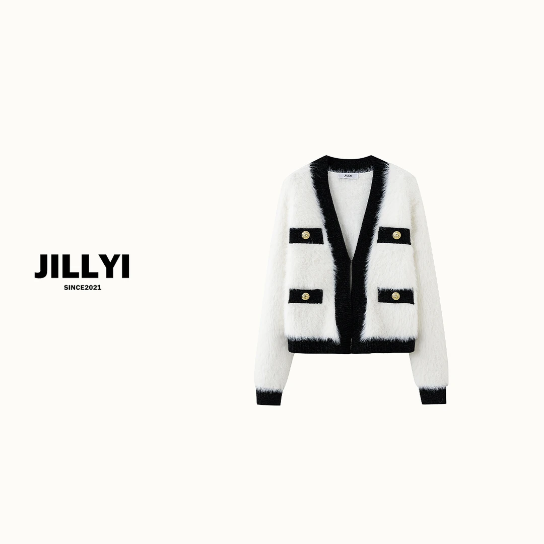 JILLYI【甜心奶油】黑白撞色针织上衣显瘦轻奢秋冬金扣新款百搭时尚
