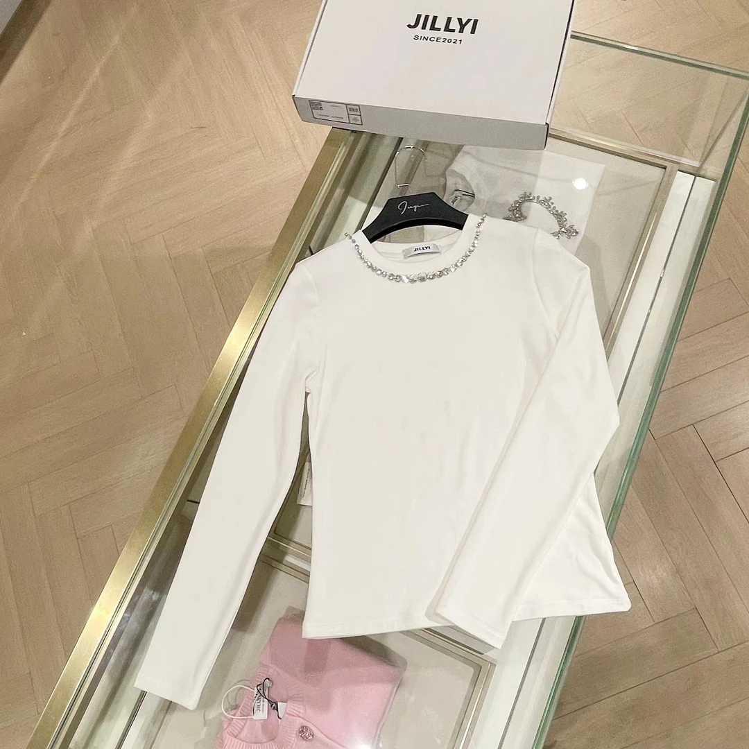JILLYI南山店【星光璀璨】白色手工领钻石长袖女款休闲简约时尚