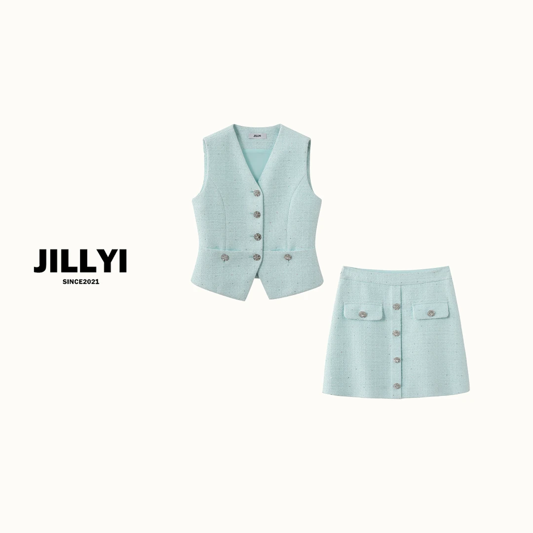 JILLYI【薄荷女孩】小清新薄荷绿无袖套装小香风洋气夏季粗花呢