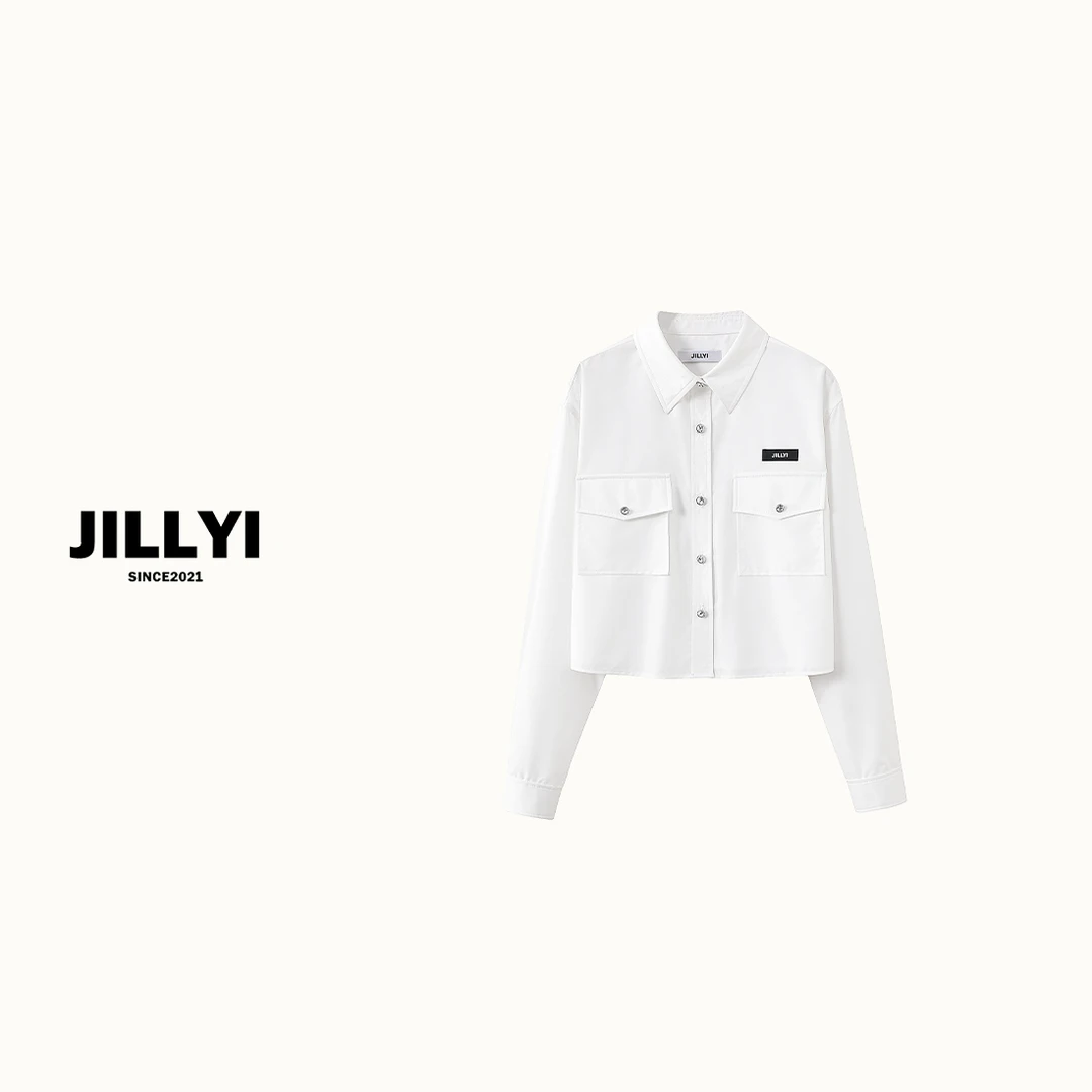 JILLYI珠海店【格调徽章】白色口袋学院风翻领衬衫长袖时尚