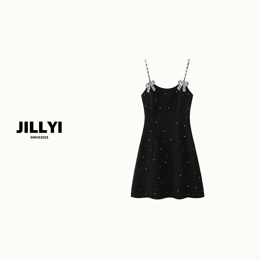 JILLYI珠海店【钻石微醺】手工钻石蝴蝶吊带女装连衣裙气质时尚