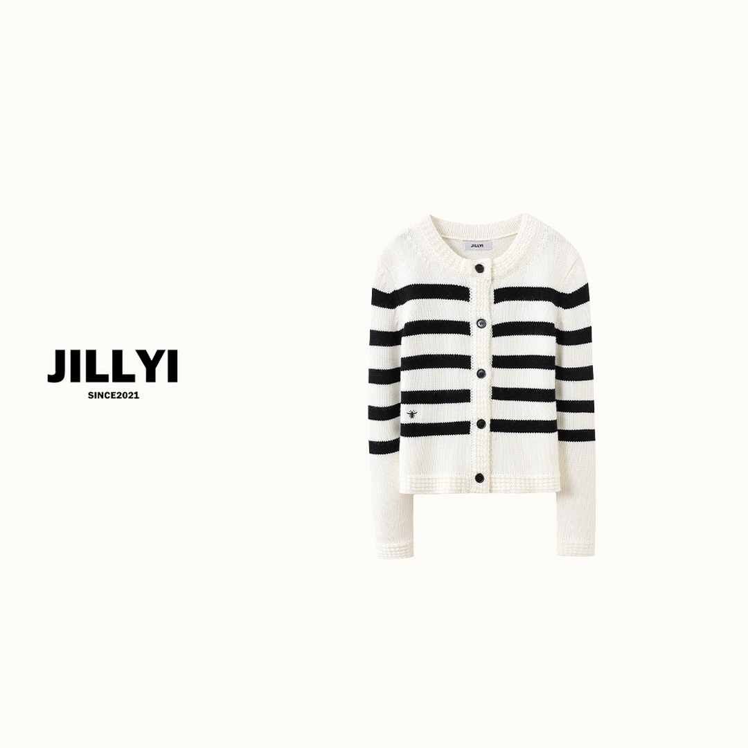 JILLYI珠海店JILLYI【 黑白格调】黑白混纺针织毛衣开衫小蜜蜂刺绣