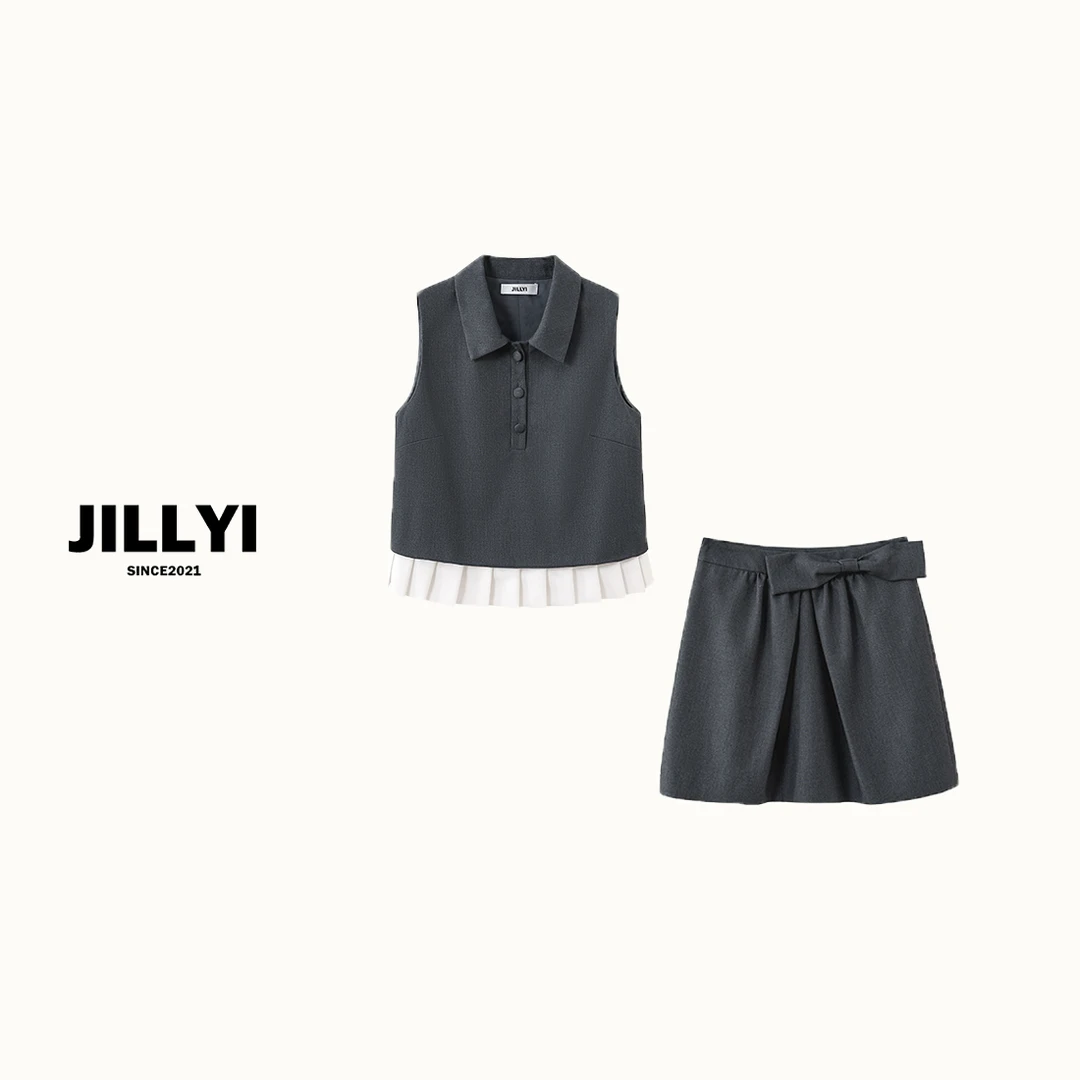 JILLYI珠海店【 小众少女】精致灰系翻领无袖时尚百搭背心