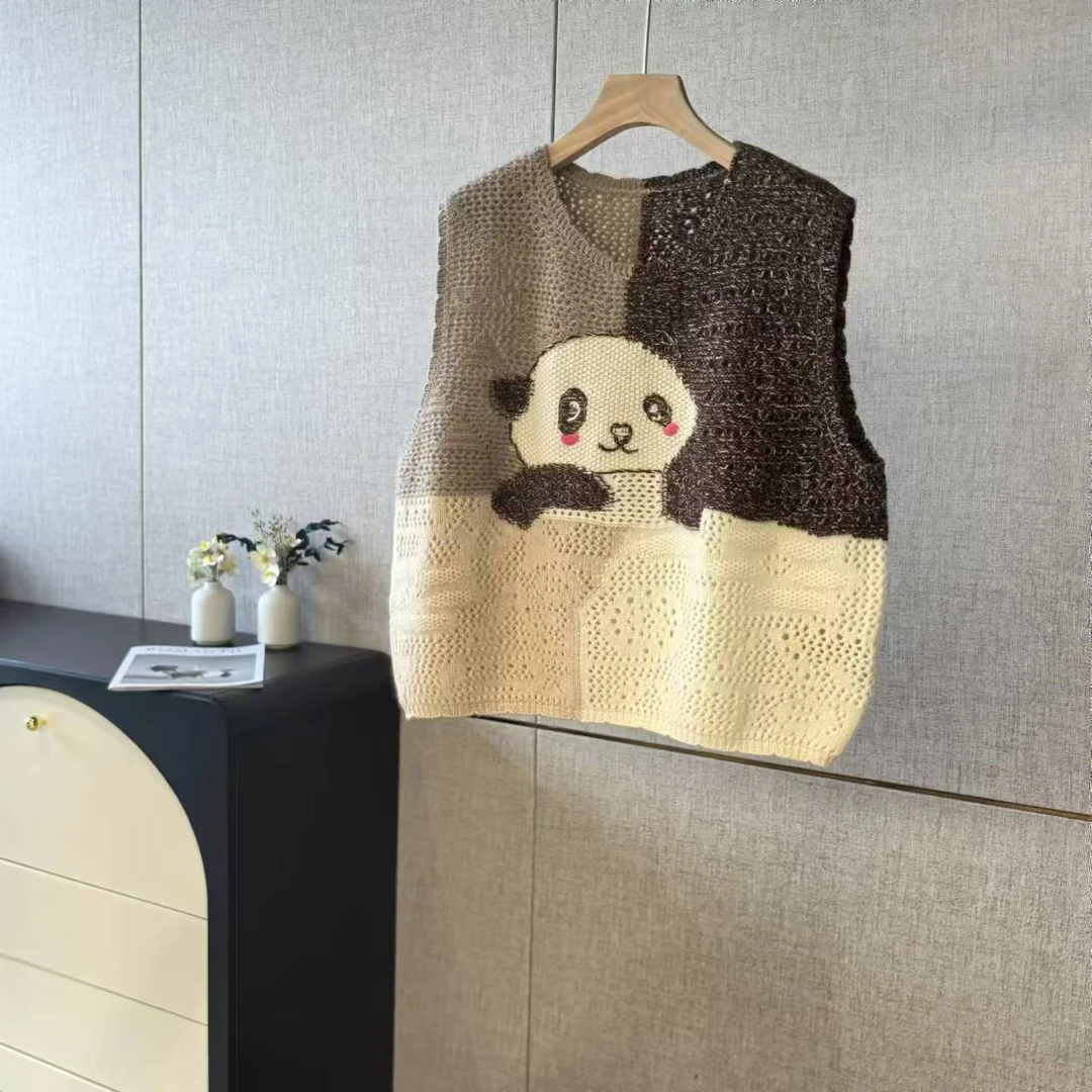 52590青春减龄卡通熊猫渐变撞色无袖纯山羊绒马甲