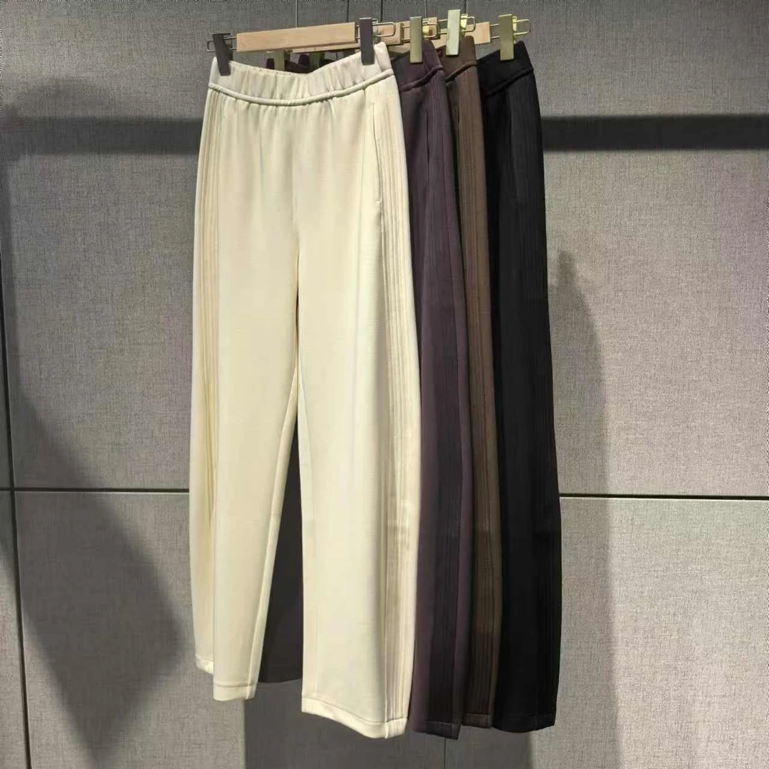 2412简约百搭松紧腰竖条设计款醋酸香蕉裤弯刀裤