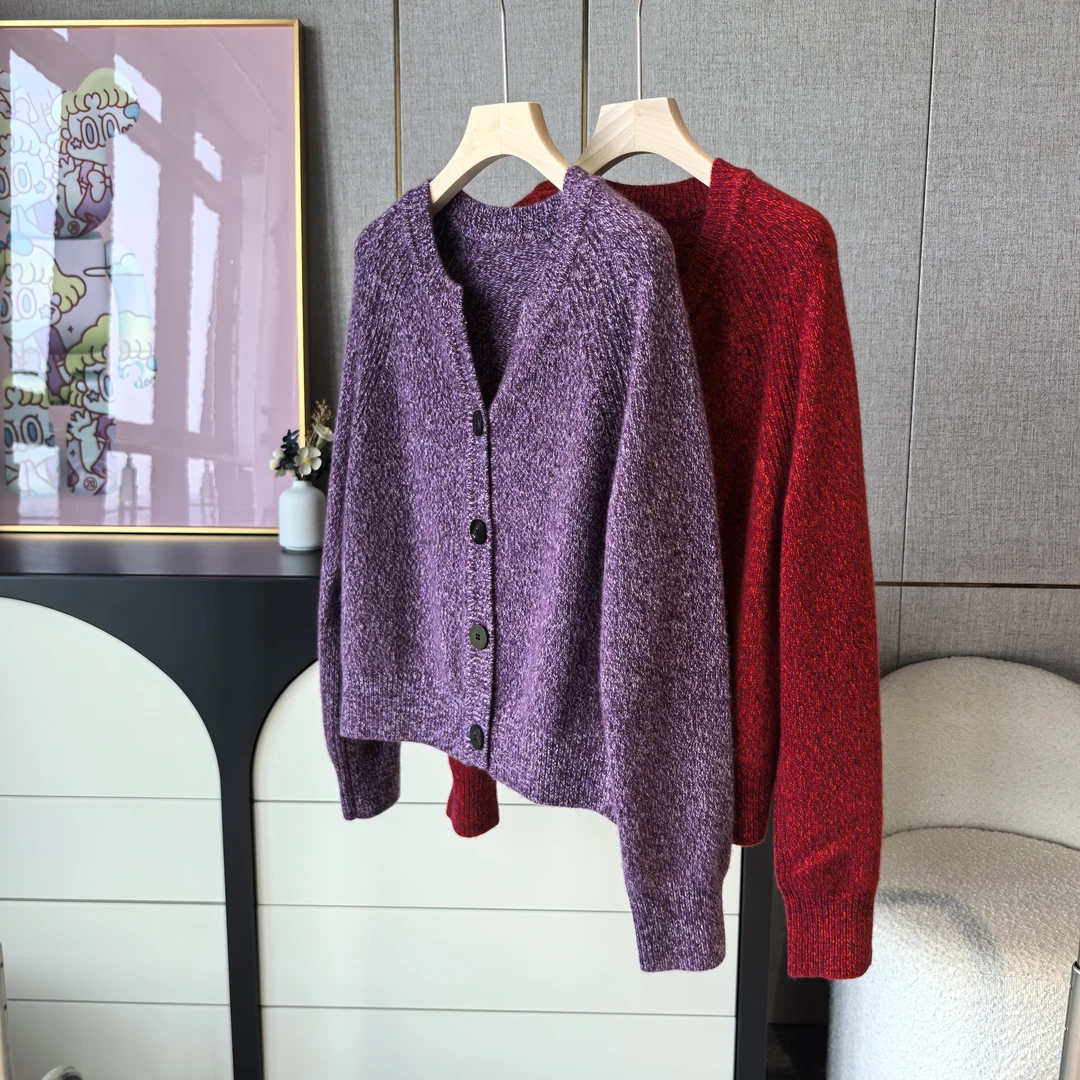 366剪刀领大圆纽扣花纱长袖开衫山羊绒衫