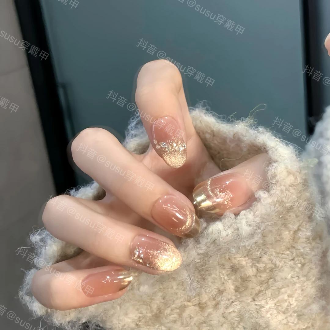 【飞花令】金色手绘法式纯欲法式猫眼 纯手工气质显白穿戴甲