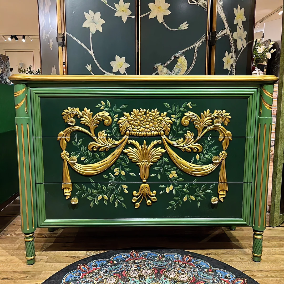 绿翡翠美式轻奢复古雕花玄关储物柜