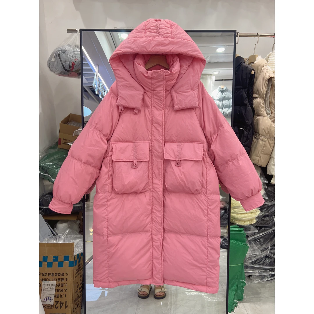 清廷心2023年韩版反季新款羽绒服棉中长款连帽白鸭绒过膝/非半身