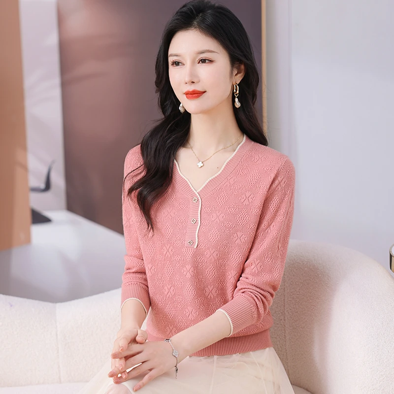 允山黛宽松春秋薄款气质小衫洋气花边V领长袖针织衫时尚百搭女装