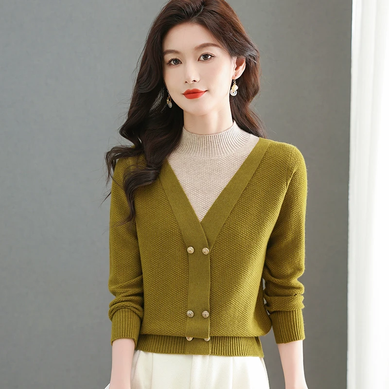 允山黛2024冬季新款假两件加厚保暖长袖针织衫时尚洋气打底衫妈妈