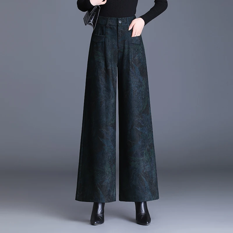 印花垂感高腰瘦版阔腿裤百搭秋冬新款高腰垂感大脚裤宽松提花裤裙