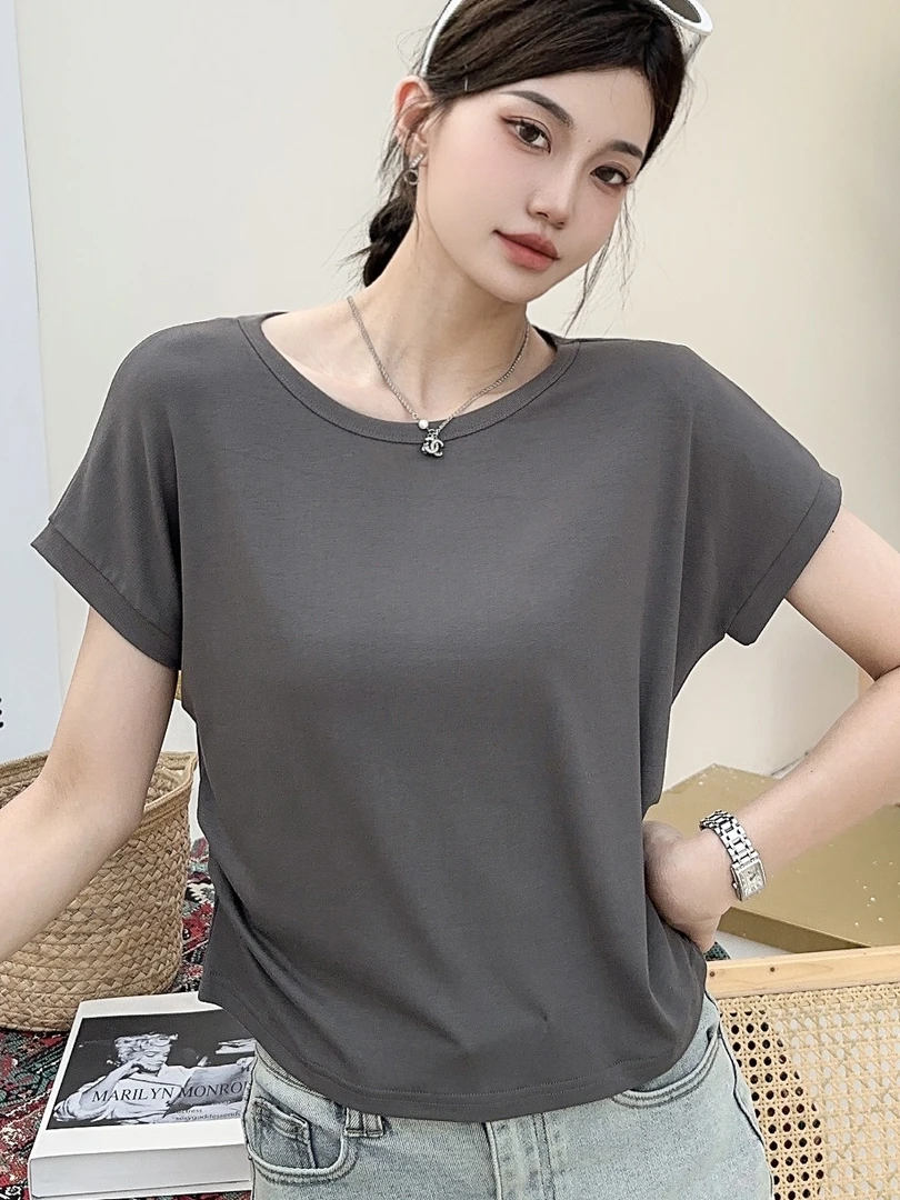 人棉200克【夏款】小飞袖小蛮腰显瘦夏季时尚宽松小众短袖T恤5040