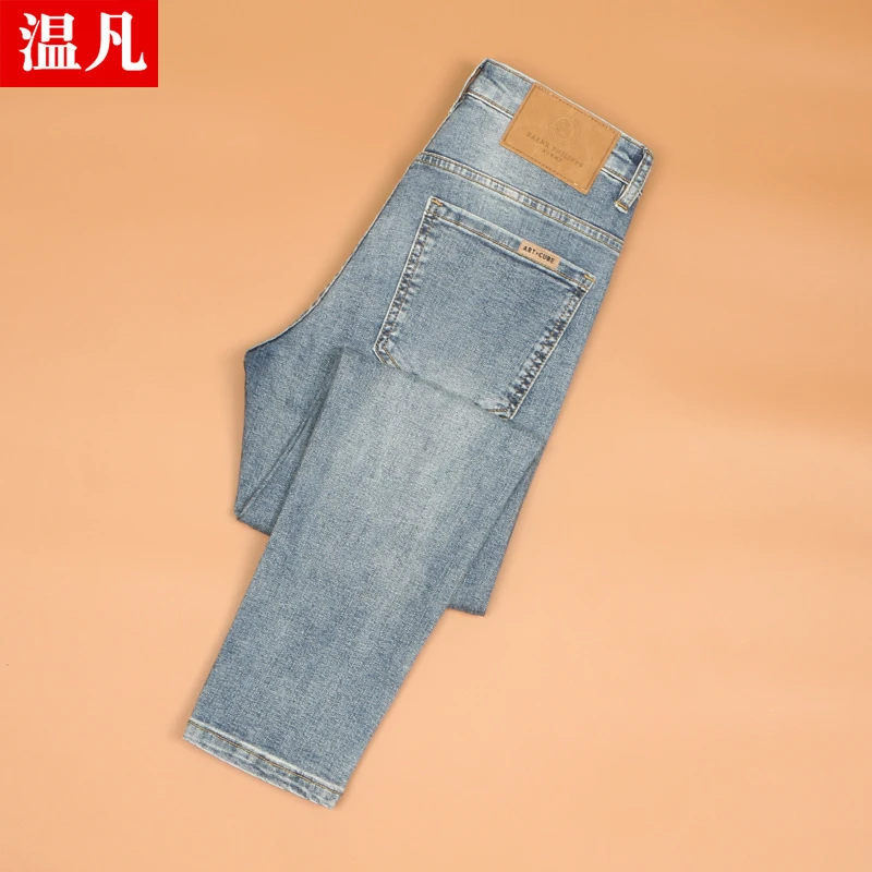 高端浅色牛仔裤男春季新款修身小直筒九分裤显瘦弹力小个子休闲裤