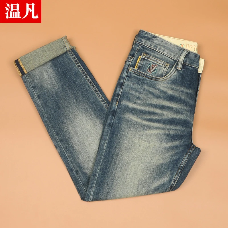 高端重工水洗牛仔裤男秋冬新款潮牌修身直筒休闲男士厚款复古长裤