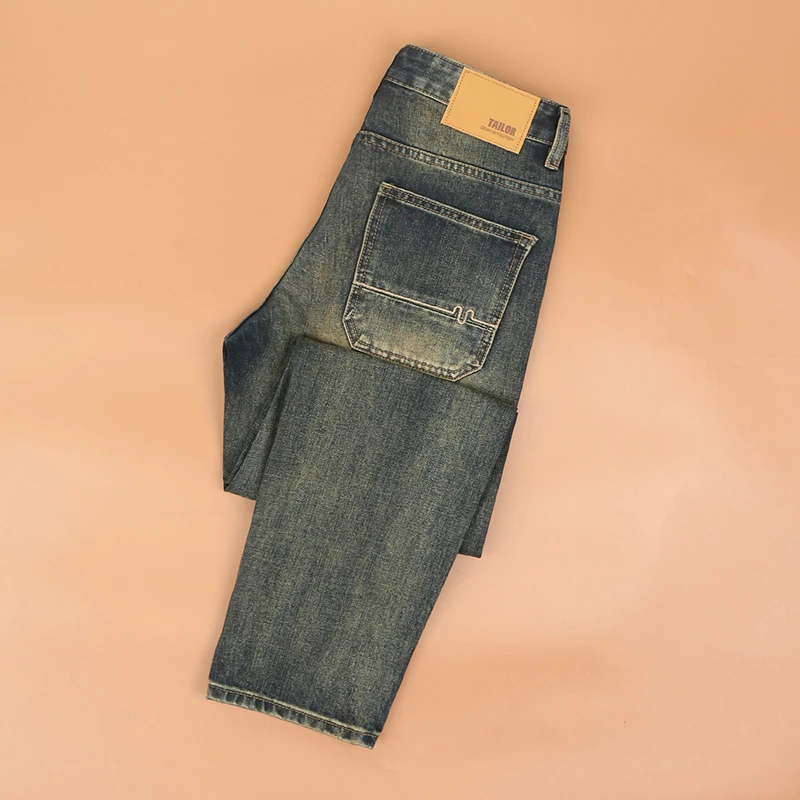 美式高街vibe牛仔裤男宽松直筒痞帅潮牌复古水洗黄泥染阔腿裤子男