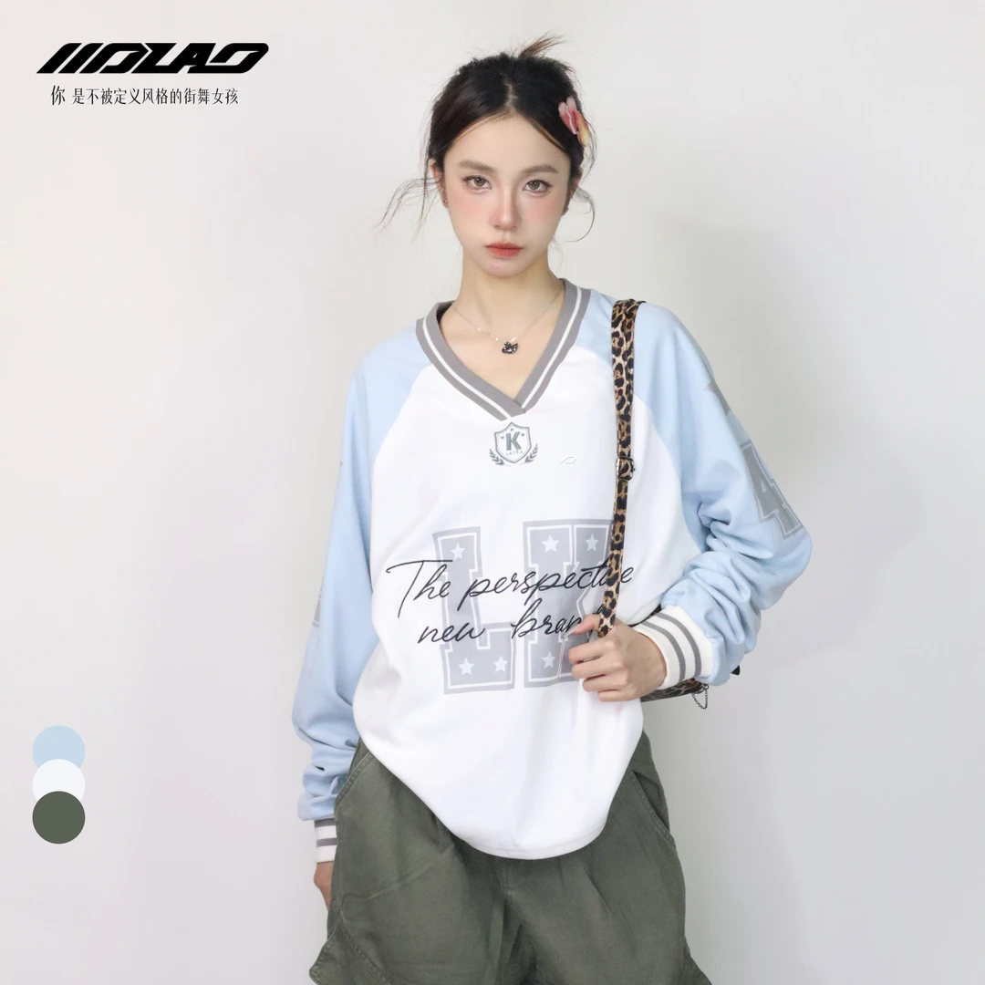 【清仓五折专区】美式复古棒球服数字V领英文休闲宽松秋冬套头X171